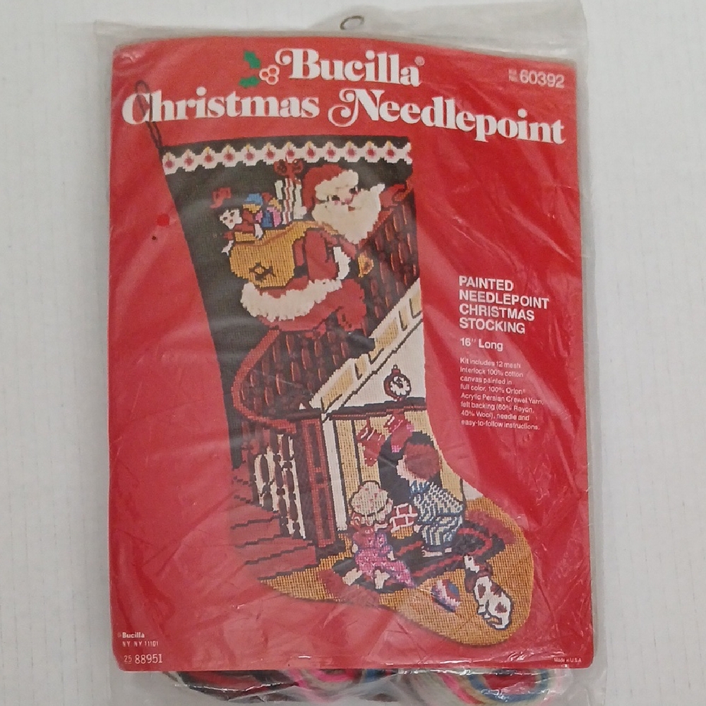 Bucilla Christmas Stocking Needlepoint Santa Clause 16" L #60392 Retro Christmas